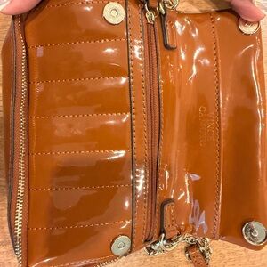 Vince Camuto Patent Leather Crossbody Wallet in Chestnut Brown